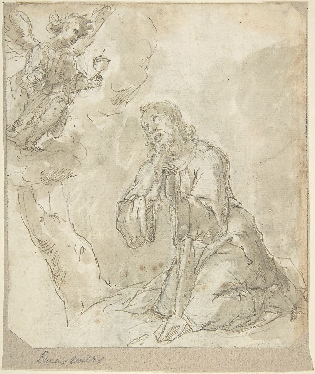 Agony in the Garden, Anonymous, Spanish, School of Seville, 17th century, Pen and dark brown ink, over black chalk underdrawing, brush with light gray-brown wash over both. Outlines of composition in black chalk at borders of sheet. On off-white paper 