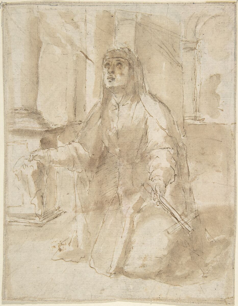 Kneeling Figure of a Nun, Anonymous, Spanish, School of Seville, 17th century, Pen and light brown ink with brush and light brown wash over black chalk underdrawing. Composition framed with black chalk at borders. On off-white paper 