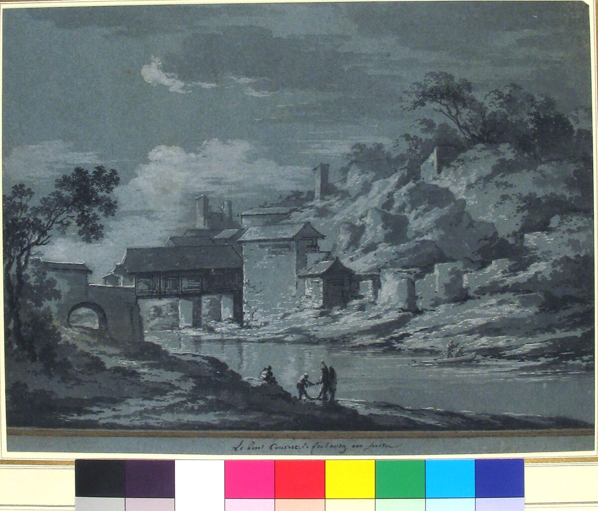 The Covered Bridge at Fribourg, Claude Louis Châtelet (French, Paris 1753–1794 Paris), Brush and gray wash, heightened with white. Framing lines at lower edge in pen and brown ink.