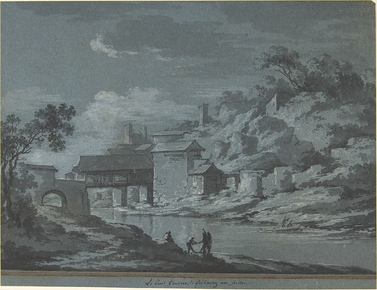 The Covered Bridge at Fribourg, Claude Louis Châtelet (French, Paris 1753–1794 Paris), Brush and gray wash, heightened with white. Framing lines at lower edge in pen and brown ink. 