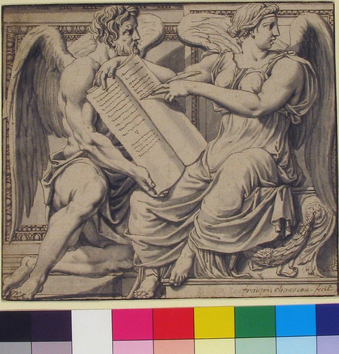 Allegory of History, François Chauveau (French, Paris 1613–1676 Paris), Pen and brown ink, brush and gray wash, over traces of graphite. Framing lines in pen and brown ink.