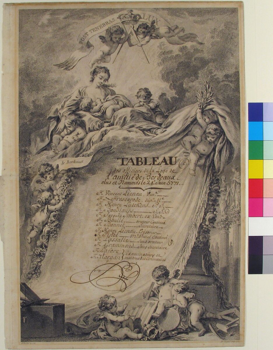Diploma for the Freemasons of Bordeaux, after François Boucher, Pierre Philippe Choffard (French, Paris 1730–1809 Paris), Etching and engraving; fourth state of four (Jean-Richard)