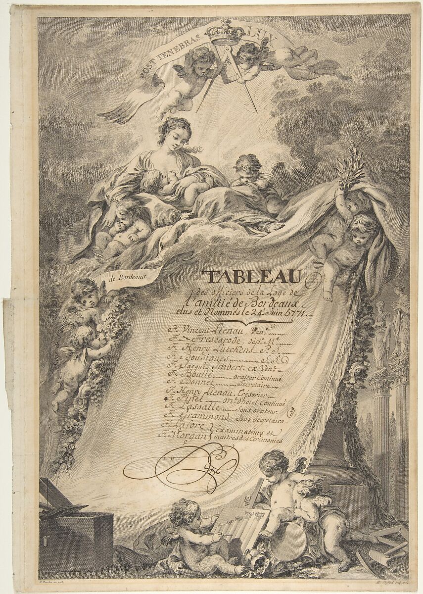 Diploma for the Freemasons of Bordeaux, after François Boucher, Pierre Philippe Choffard (French, Paris 1730–1809 Paris), Etching and engraving; fourth state of four (Jean-Richard) 