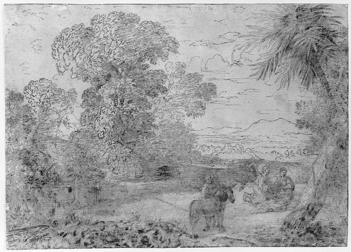 Landscape with the Rest on the Flight into Egypt, Claude Lorrain (Claude Gellée) (French, Chamagne 1604/5?–1682 Rome), Pen and brown ink, over black chalk
