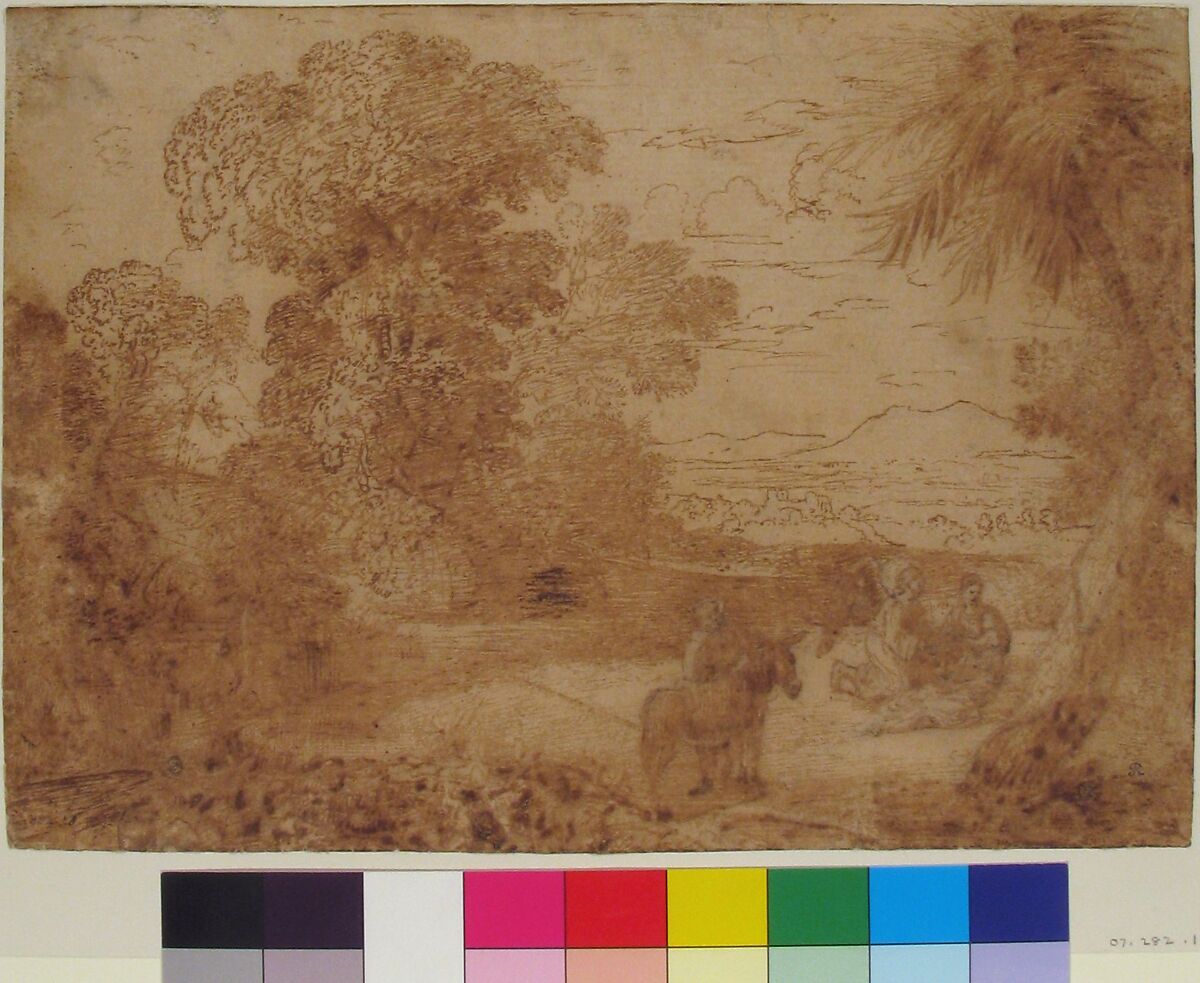 Landscape with the Rest on the Flight into Egypt, Claude Lorrain (Claude Gellée) (French, Chamagne 1604/5?–1682 Rome), Pen and brown ink, over black chalk