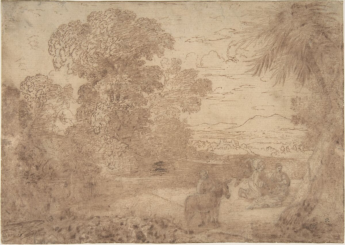 Landscape with the Rest on the Flight into Egypt, Claude Lorrain (Claude Gellée) (French, Chamagne 1604/5?–1682 Rome), Pen and brown ink, over traces of black chalk 