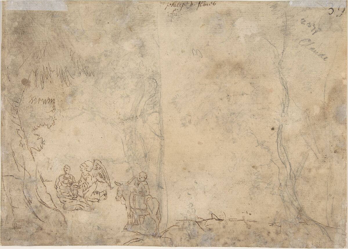 Landscape with the Rest on the Flight into Egypt, Claude Lorrain (Claude Gellée) (French, Chamagne 1604/5?–1682 Rome), Pen and brown ink, over black chalk