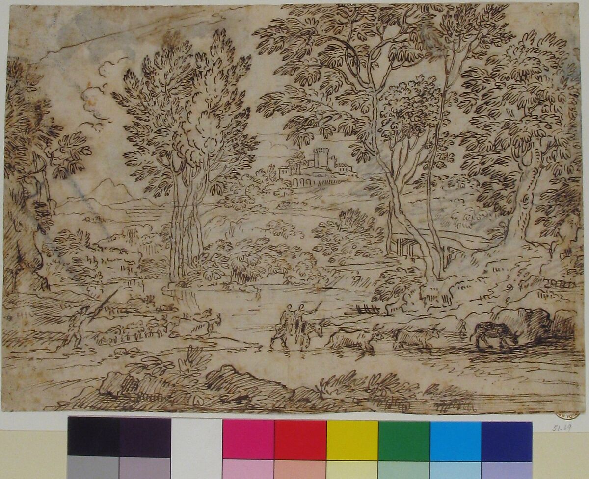 Sunrise (recto); Landscape with Figures (verso), After Claude Lorrain (Claude Gellée) (French, Chamagne 1604/5?–1682 Rome), Pen and ink, with indications of black chalk. Verso: Brush and gray ink