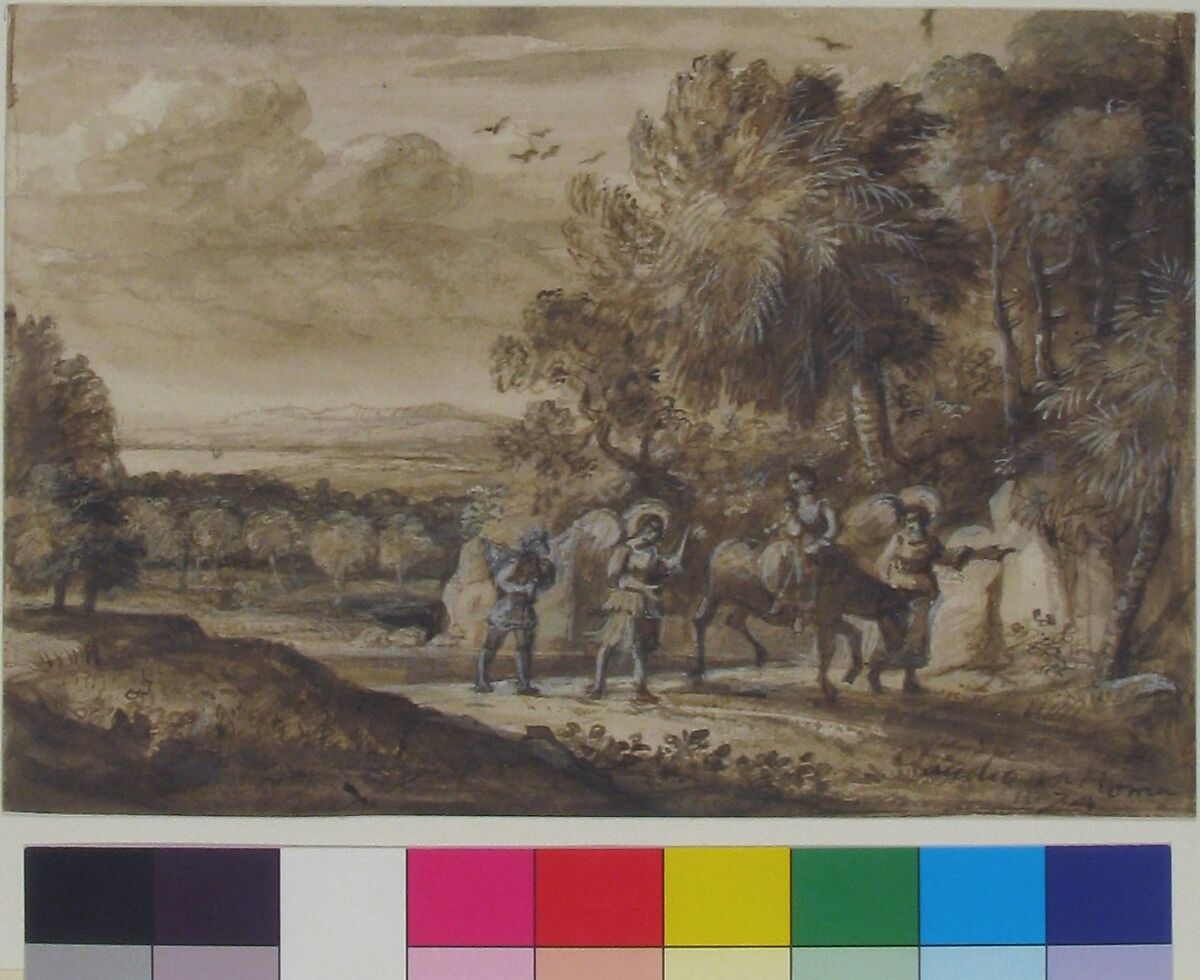 The Flight into Egypt, After Claude Lorrain (Claude Gellée) (French, Chamagne 1604/5?–1682 Rome), Pen, brown ink, brush and brown wash, heightened with white and yellow