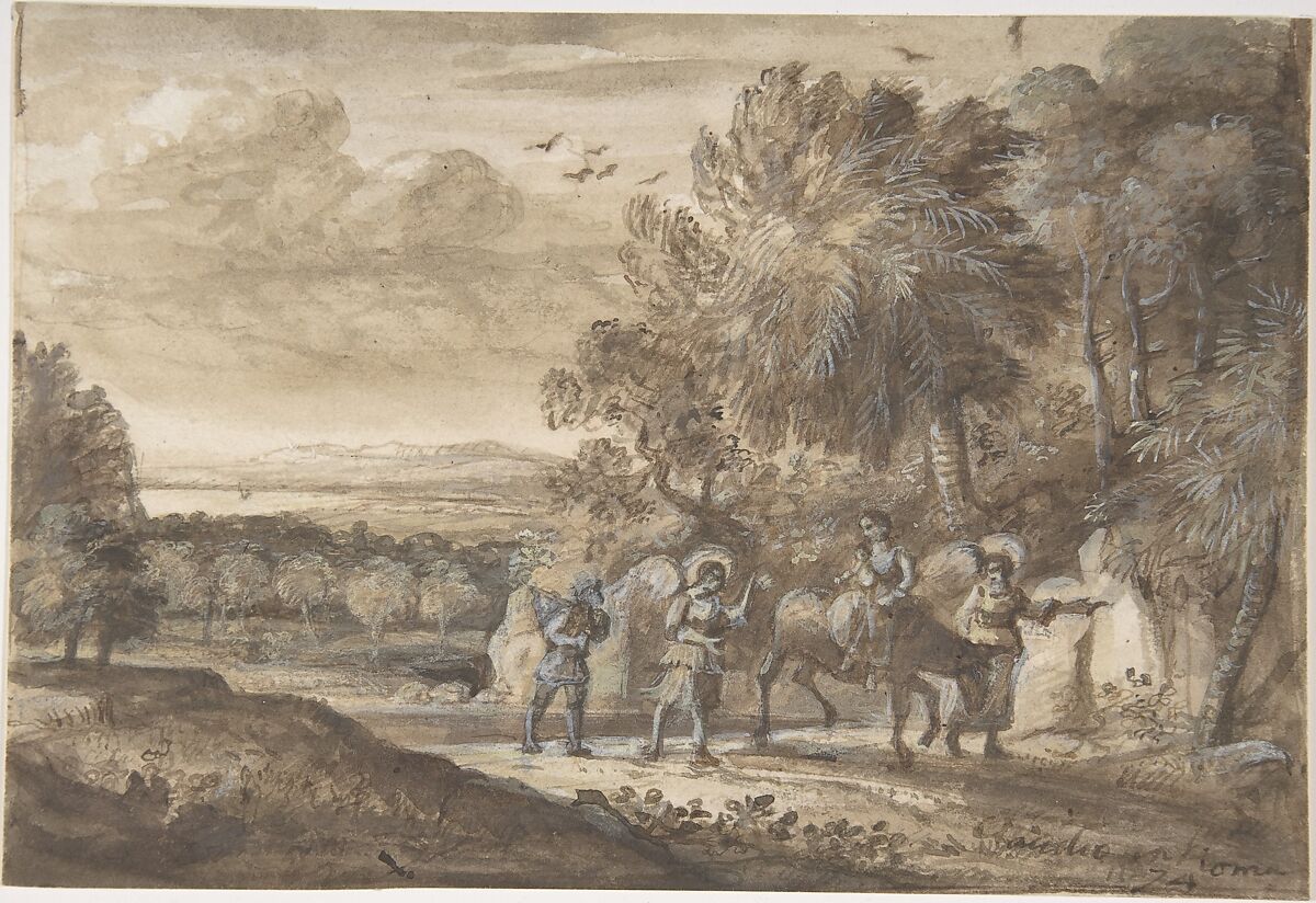 The Flight into Egypt, After Claude Lorrain (Claude Gellée) (French, Chamagne 1604/5?–1682 Rome), Pen, brown ink, brush and brown wash, heightened with white and yellow 