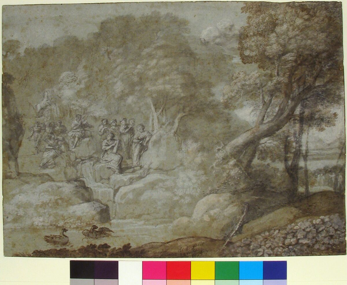 Landscape with Apollo and the Muses, Claude Lorrain (Claude Gellée) (French, Chamagne 1604/5?–1682 Rome), Pen and brown ink, brush and brown and gray wash and white gouache, over traces of graphite, on blue-green paper