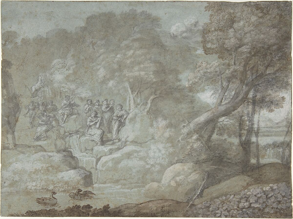 Landscape with Apollo and the Muses, Claude Lorrain (Claude Gellée) (French, Chamagne 1604/5?–1682 Rome), Pen and brown ink, brush and brown and gray wash and white gouache, over traces of graphite, on blue-green paper 