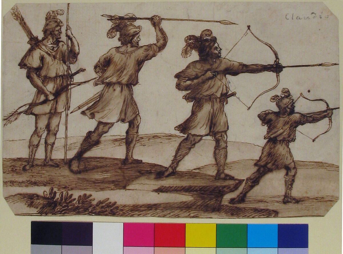Three Archers and a Figure with a Spear, Claude Lorrain (Claude Gellée) (French, Chamagne 1604/5?–1682 Rome), Pen and brown ink, brush and brown wash, over black chalk underdrawing