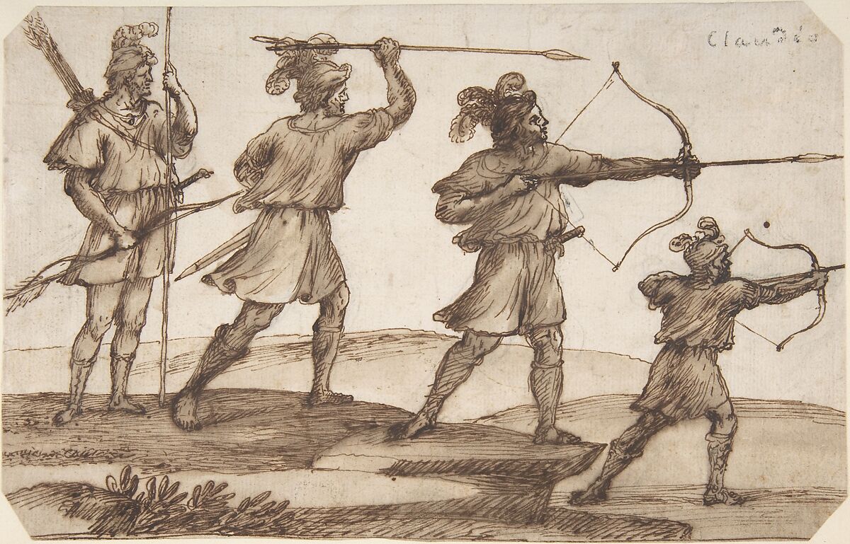 Three Archers and a Figure with a Spear, Claude Lorrain (Claude Gellée) (French, Chamagne 1604/5?–1682 Rome), Pen and brown ink, brush and brown wash, over black chalk underdrawing 