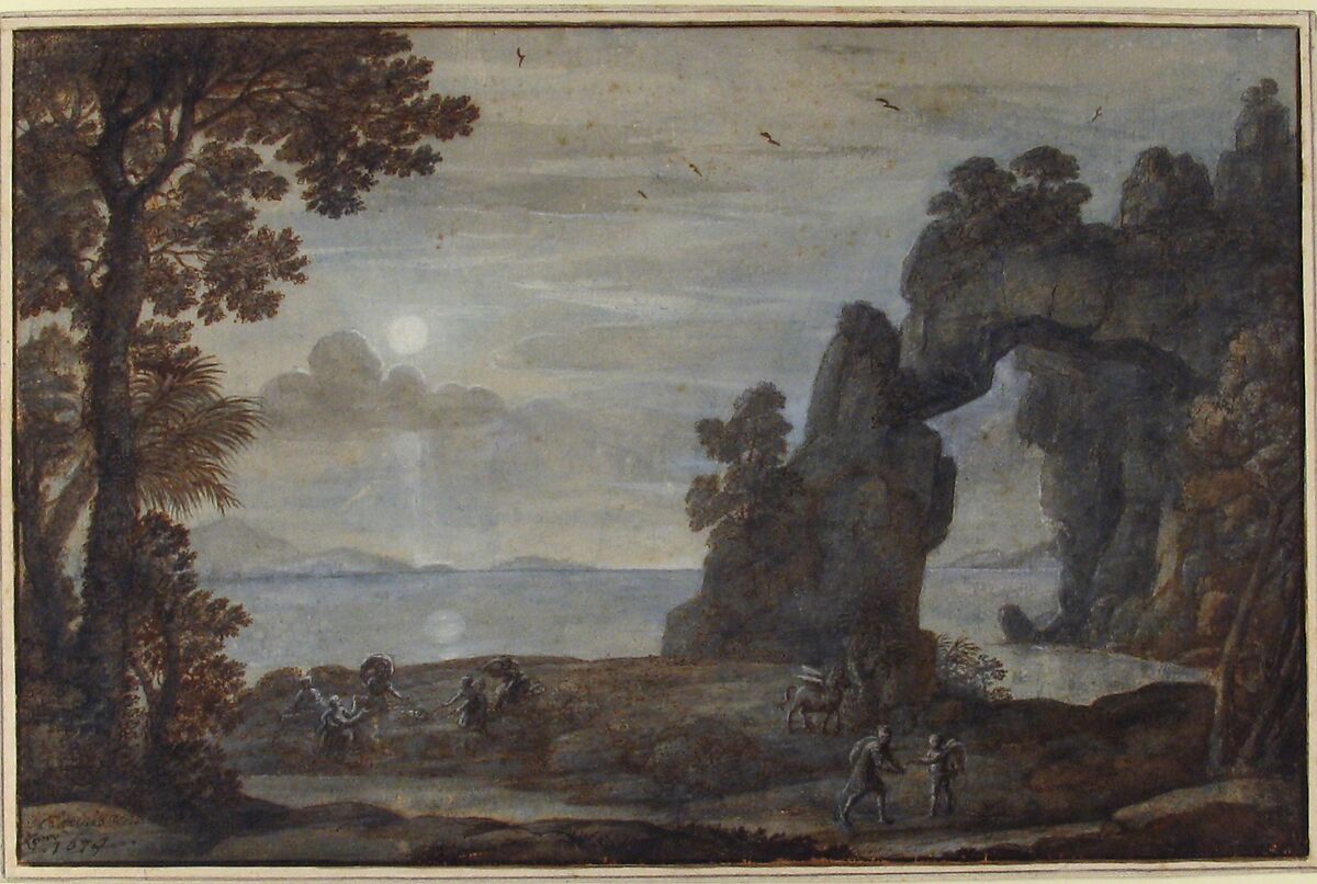 Coast View with Perseus and the Origin of Coral, Claude Lorrain (Claude Gellée) (French, Chamagne 1604/5?–1682 Rome), Pen and brown ink, brush and brown, blue and gray wash, heightened with white gouache