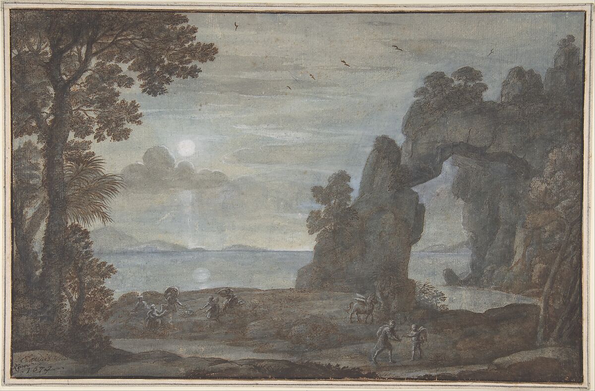 Coast View with Perseus and the Origin of Coral, Claude Lorrain (Claude Gellée) (French, Chamagne 1604/5?–1682 Rome), Pen, brown ink, brown, blue, gray wash, heightened with white gouache 
