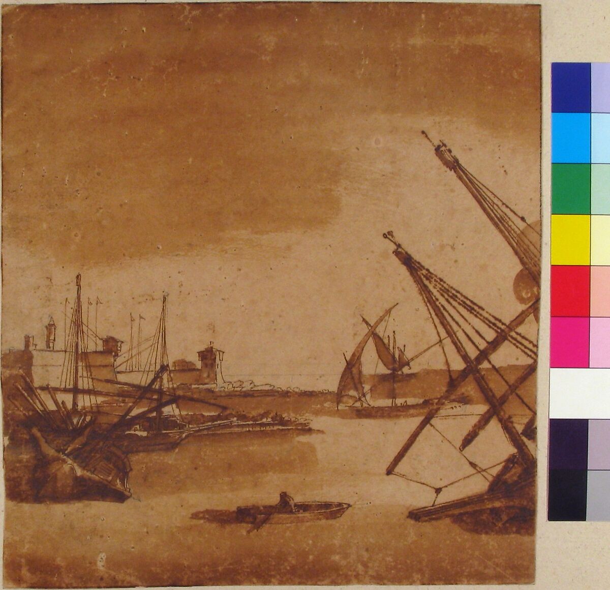 A Port Scene, attributed to Claude Lorrain (Claude Gellée) (French, Chamagne 1604/5?–1682 Rome), Pen and brown ink, brown wash, faint traces of graphite