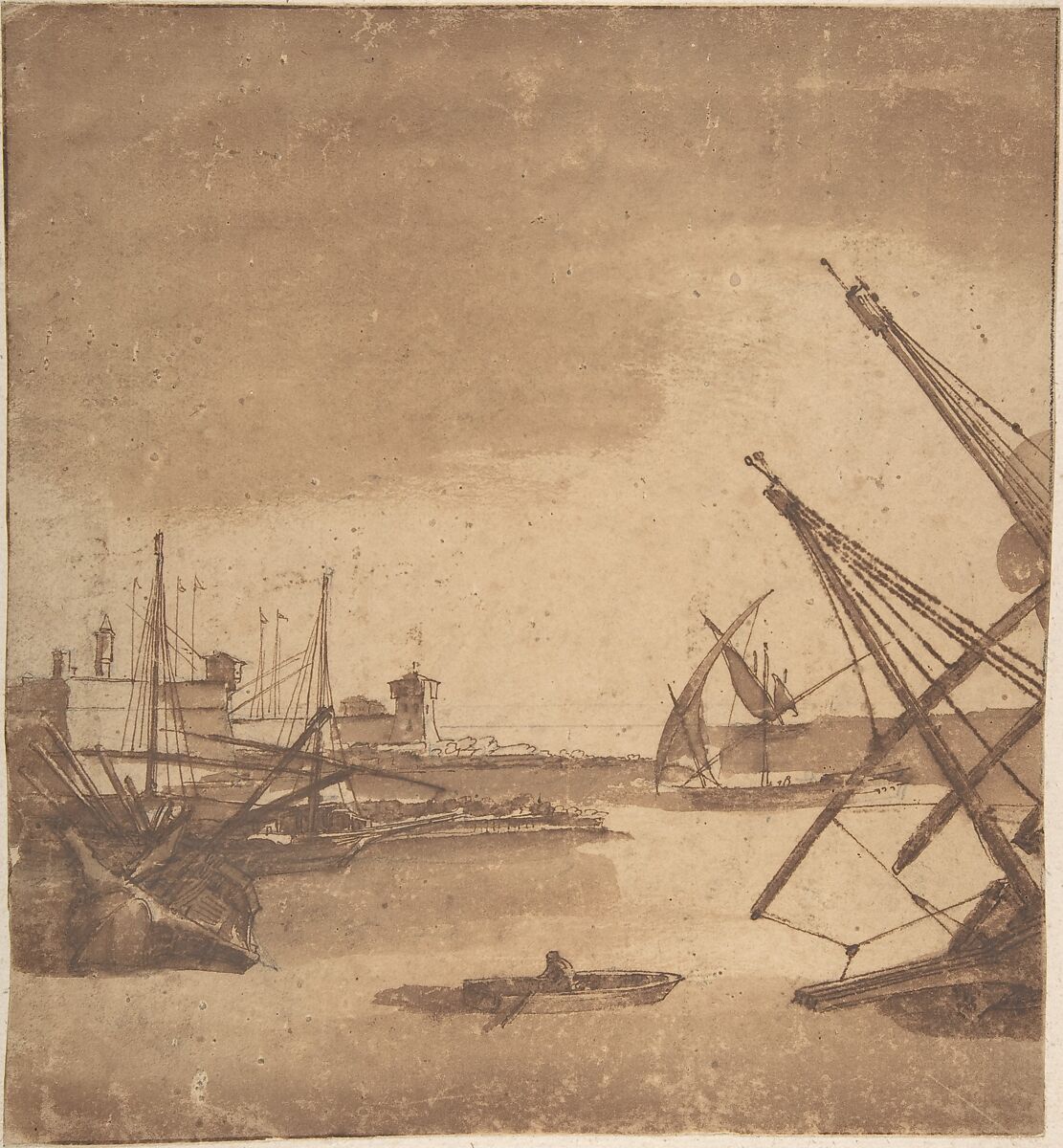 A Port Scene, attributed to Claude Lorrain (Claude Gellée) (French, Chamagne 1604/5?–1682 Rome), Pen and brown ink, brown wash, faint traces of graphite 