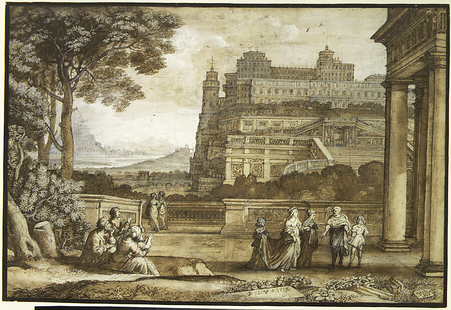 Queen Esther Approaching the Palace of Ahasuerus, Claude Lorrain (Claude Gellée) (French, Chamagne 1604/5?–1682 Rome), Pen and brown ink, brush and brown wash, heightened with white, over black chalk