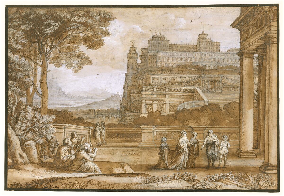 Queen Esther Approaching the Palace of Ahasuerus, Claude Lorrain (Claude Gellée) (French, Chamagne 1604/5?–1682 Rome), Pen and brown ink, brush and brown wash, heightened with white, over black chalk