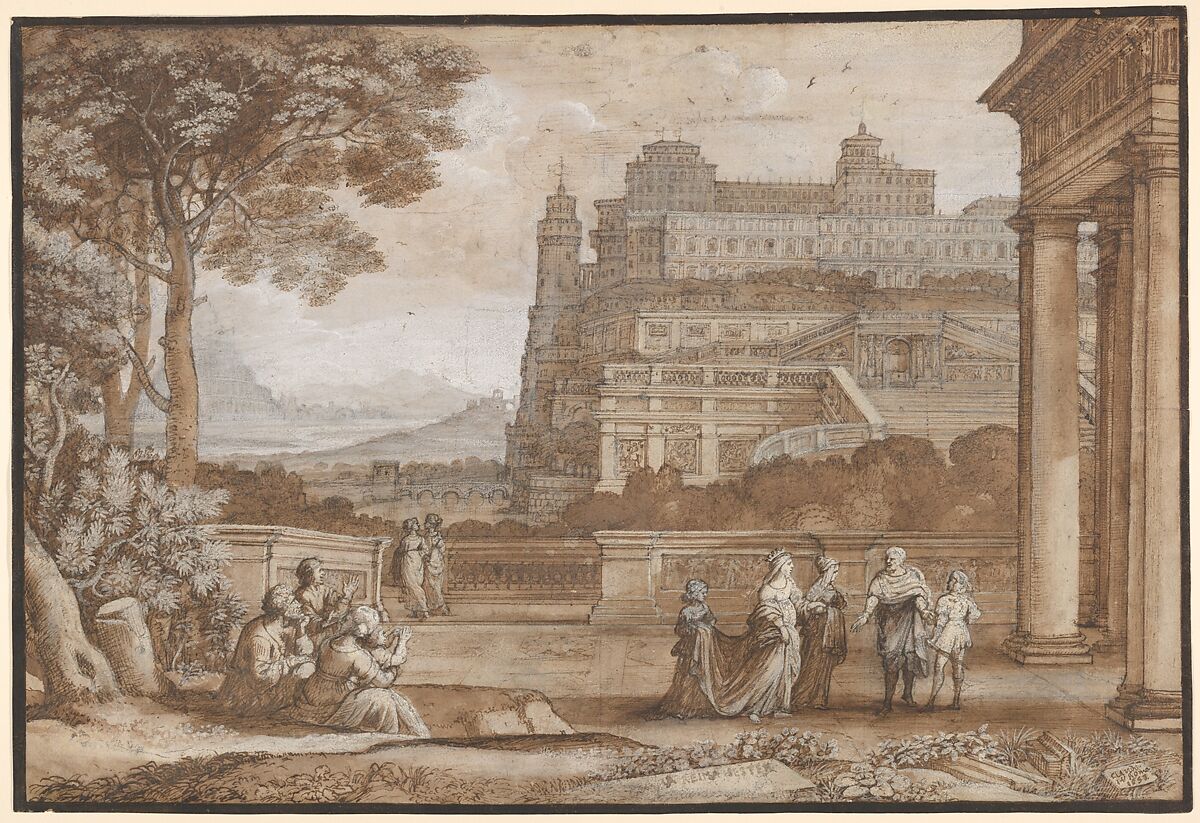 Queen Esther Approaching the Palace of Ahasuerus, Claude Lorrain (Claude Gellée) (French, Chamagne 1604/5?–1682 Rome), Pen and brown ink, brush and brown wash, heightened with white, over black chalk 