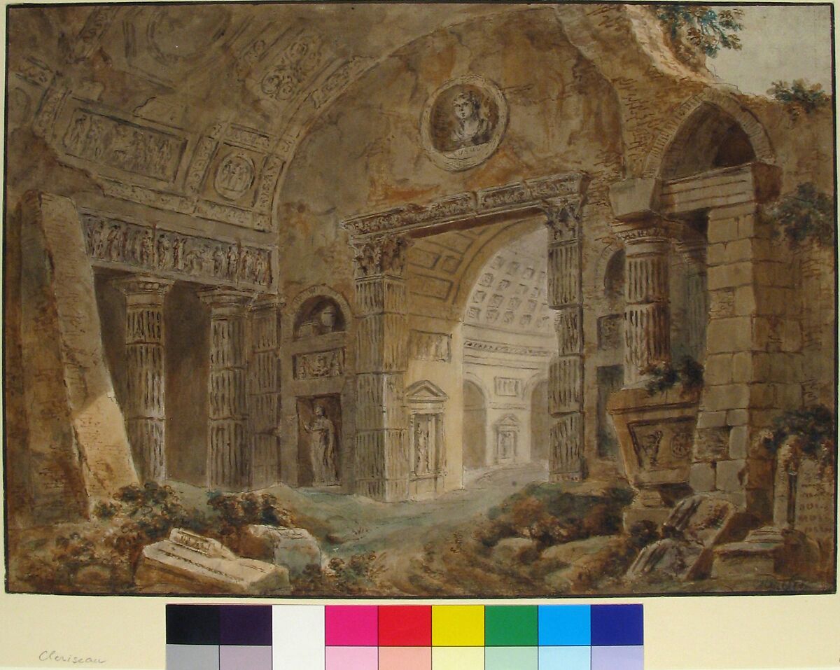 Architectural Fantasy with Roman Ruins, Charles Louis Clérisseau (French, Paris 1721–1820 Auteuil), Pen and brown ink and brush and brown and green wash 