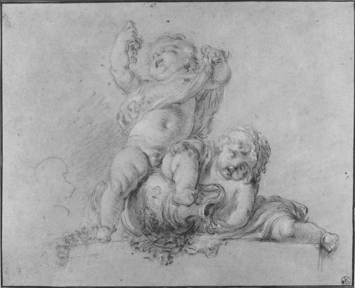 Two Putti, One Holding Aloft a Bunch of Grapes, attributed to Clodion (Claude Michel) (French, Nancy 1738–1814 Paris), Black and white chalk