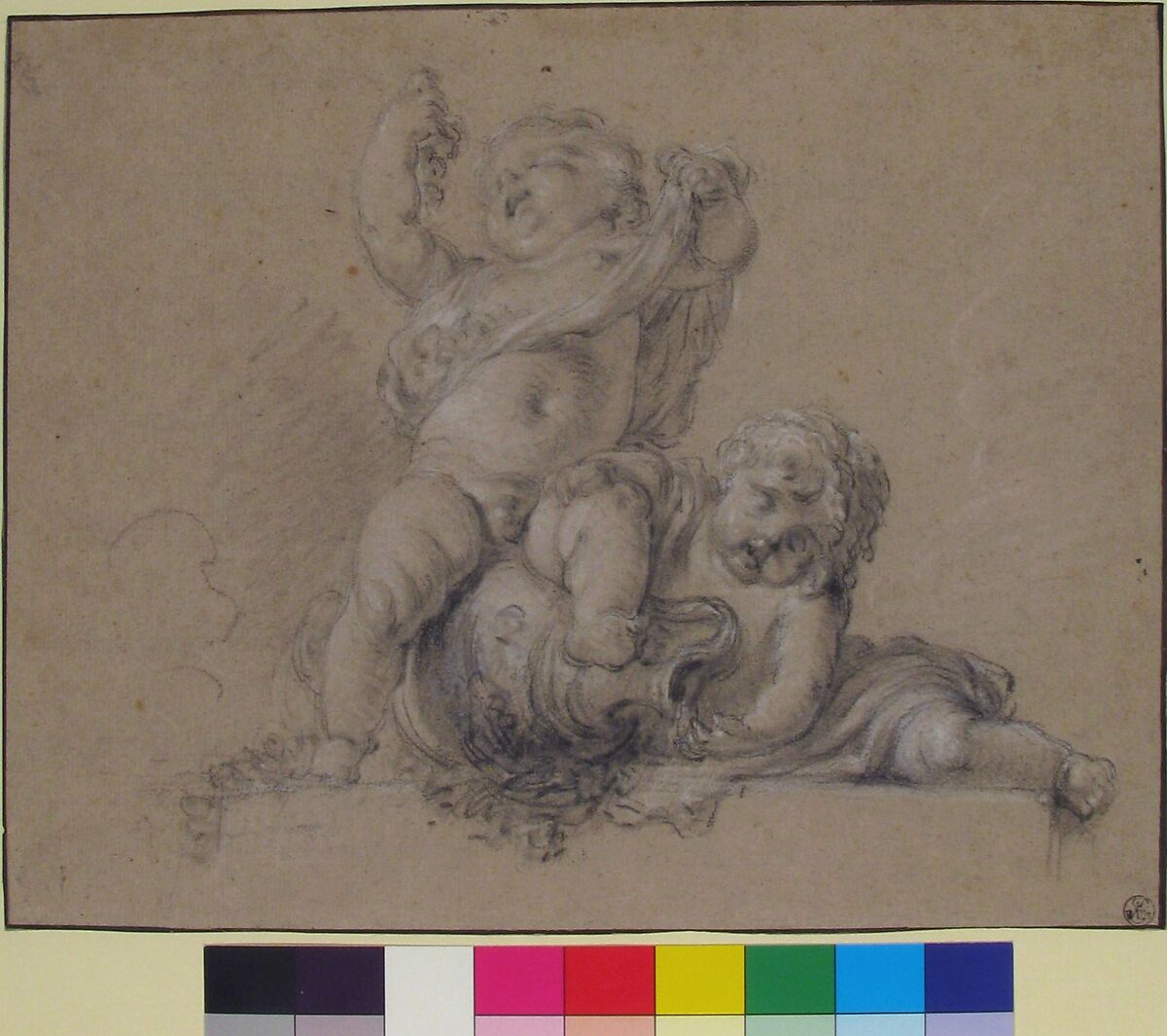 Two Putti, One Holding Aloft a Bunch of Grapes, attributed to Clodion (Claude Michel) (French, Nancy 1738–1814 Paris), Black and white chalk 