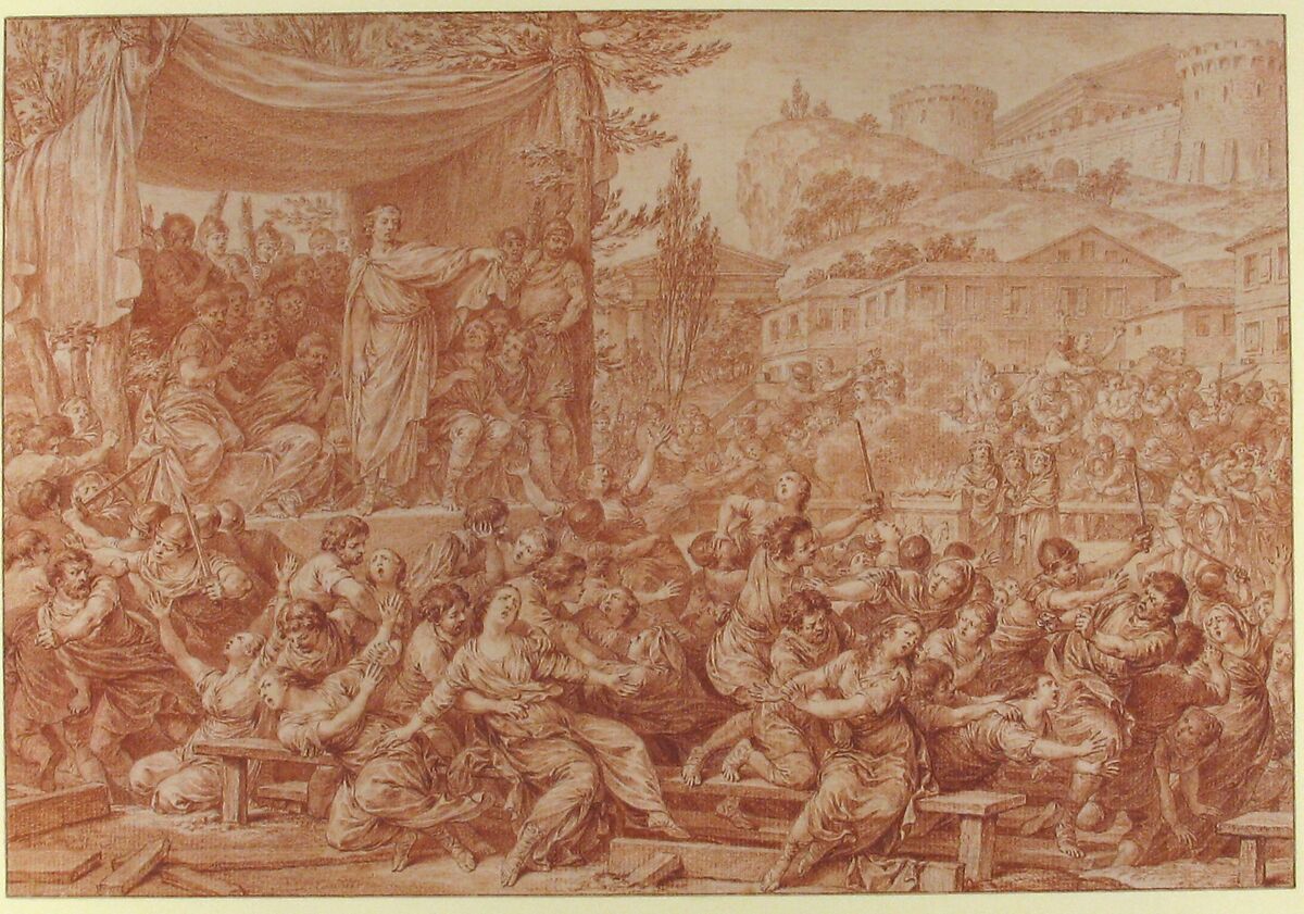 The Rape of the Sabine Women, Charles Nicolas Cochin II (French, Paris 1715–1790 Paris), Red chalk, over traces of black chalk, lightly squared in black chalk