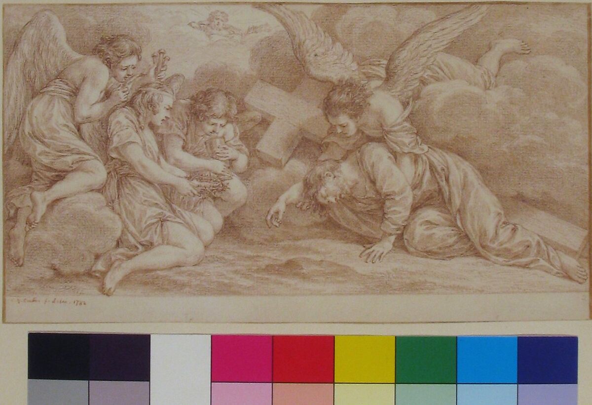 Christ Falling under the Cross, Charles Nicolas Cochin II (French, Paris 1715–1790 Paris), Red chalk, framing lines in pen and brown ink