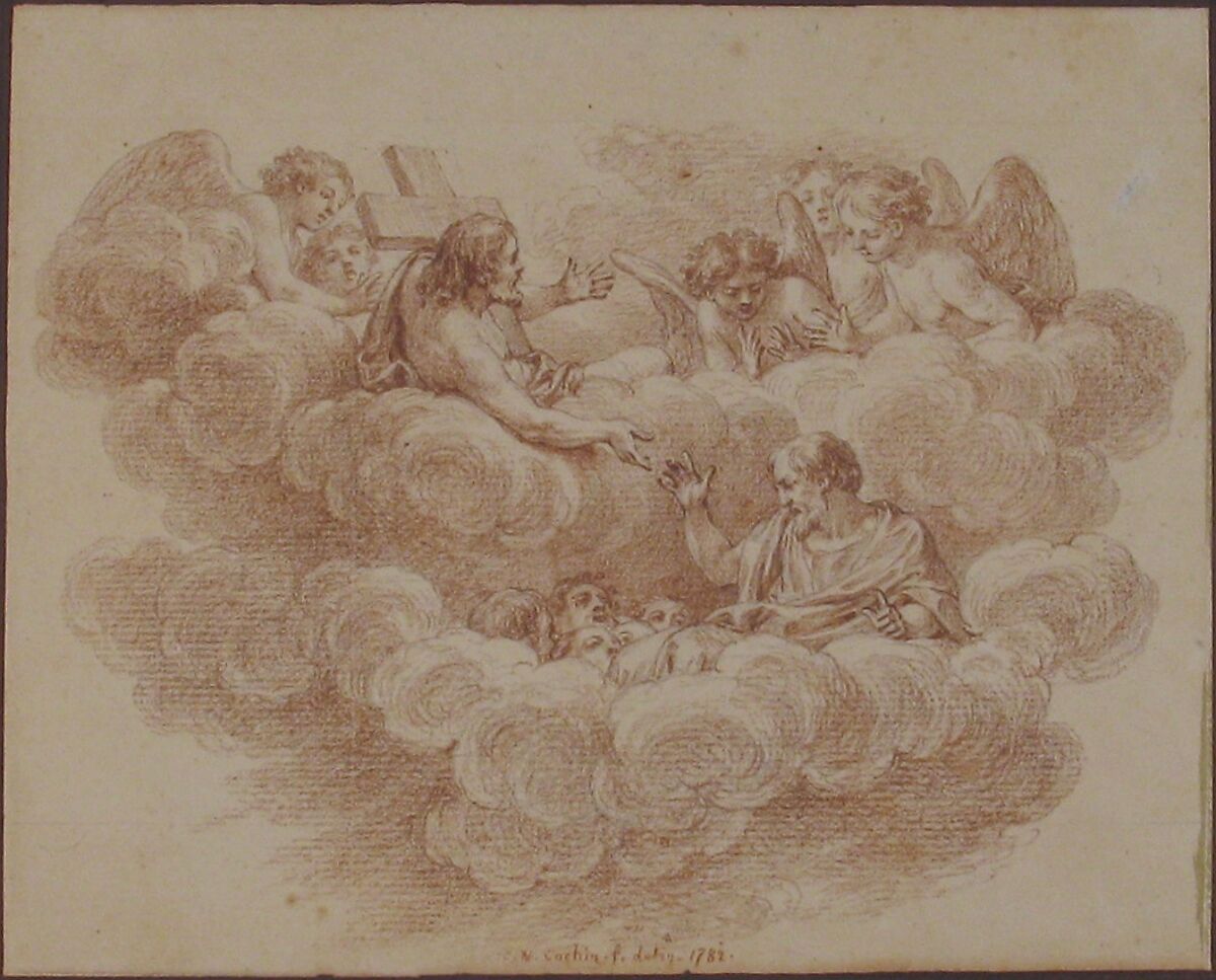 The Risen Christ Appearing to Souls in Purgatory, Charles Nicolas Cochin II (French, Paris 1715–1790 Paris), Red chalk over traces of black chalk