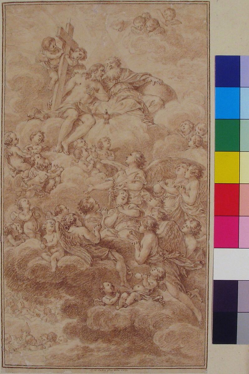 Angels Adoring the The Holy Trinity, Charles Nicolas Cochin II (French, Paris 1715–1790 Paris), Brownish-red  chalk, over traces of black chalk, lightly squared in black chalk.