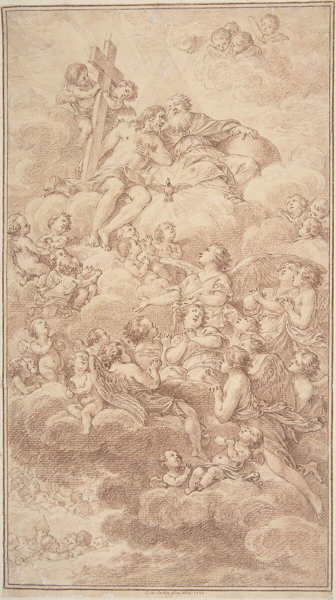 Angels Adoring the The Holy Trinity, Charles Nicolas Cochin II (French, Paris 1715–1790 Paris), Brownish-red  chalk, over traces of black chalk, lightly squared in black chalk. 