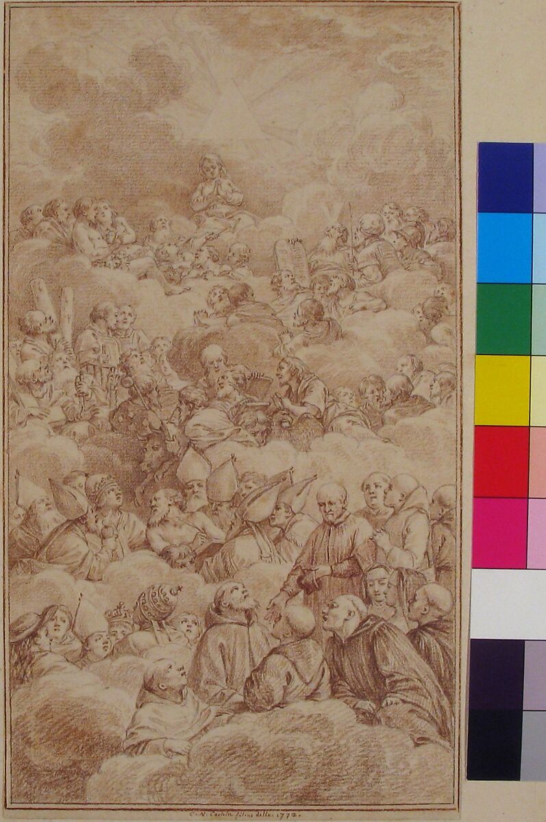 The Company of Saints in Glory, Charles Nicolas Cochin II (French, Paris 1715–1790 Paris), Brownish-red chalk, over traces of black chalk, lightly squared in black chalk.