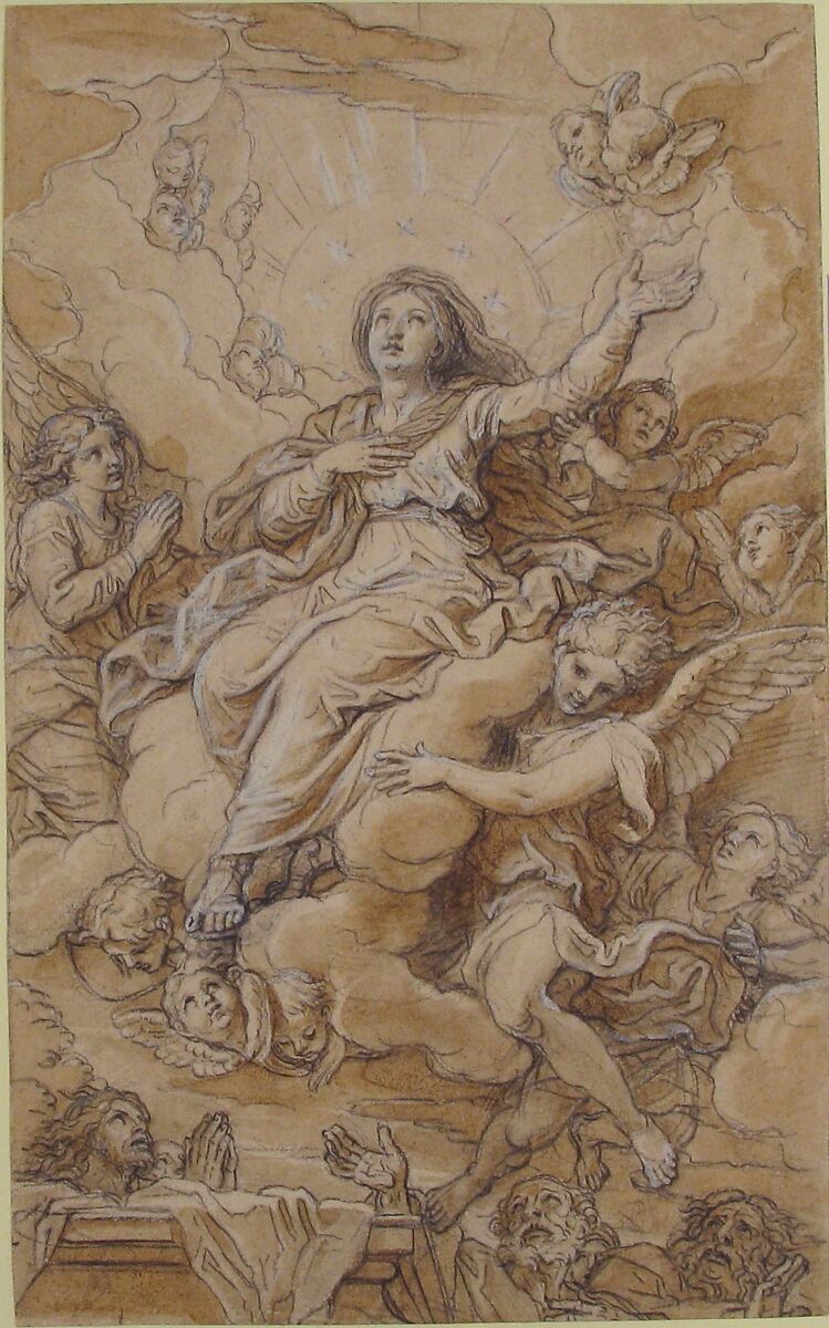 The Assumption of the Virgin, Michel Corneille the Younger (French, Paris 1642–1708 Paris), Pen and brown ink, brush and brown wash heightened with white over black chalk