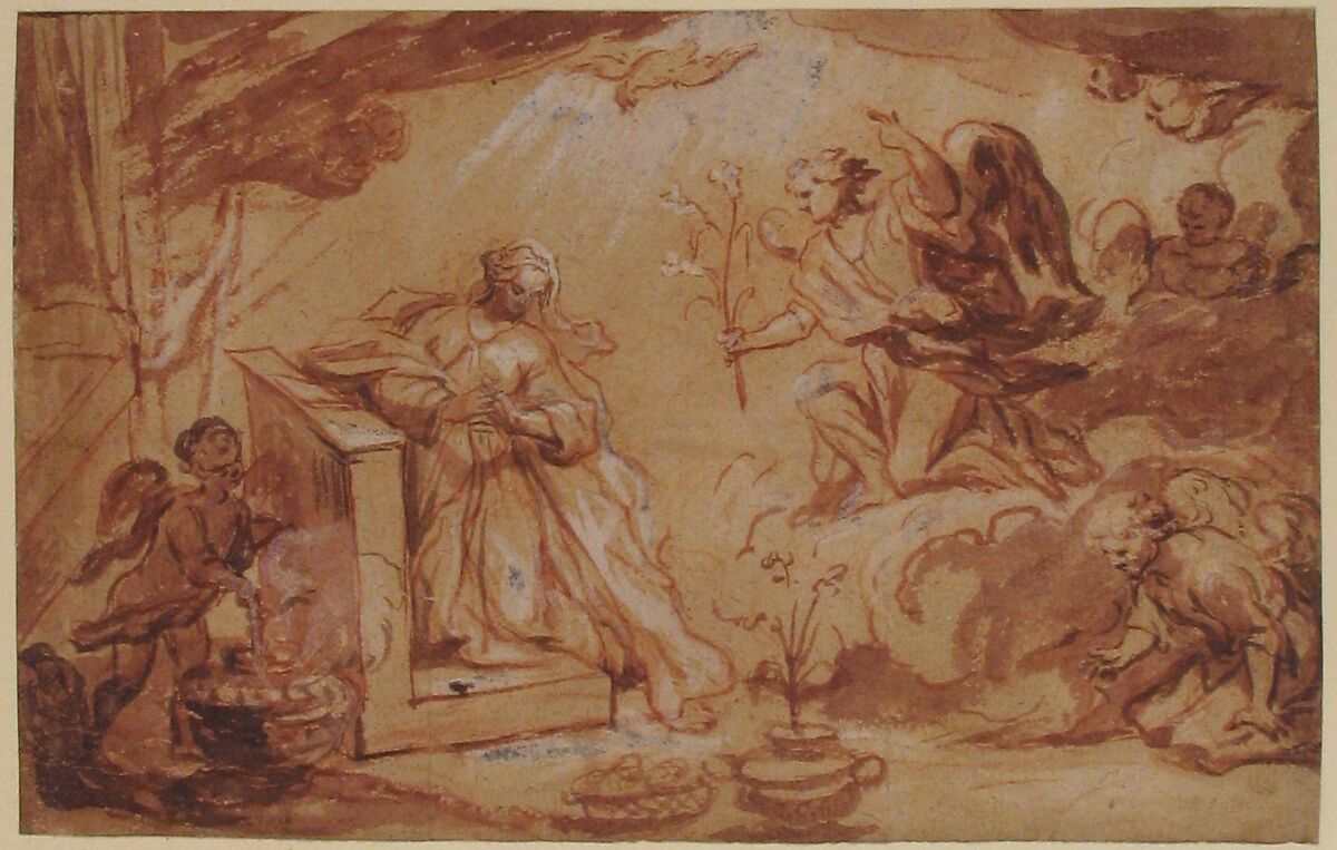 The Annunciation, Anonymous, French, 16th century, Pen and red and brown ink, brush and red and brown wash, heightened with white
