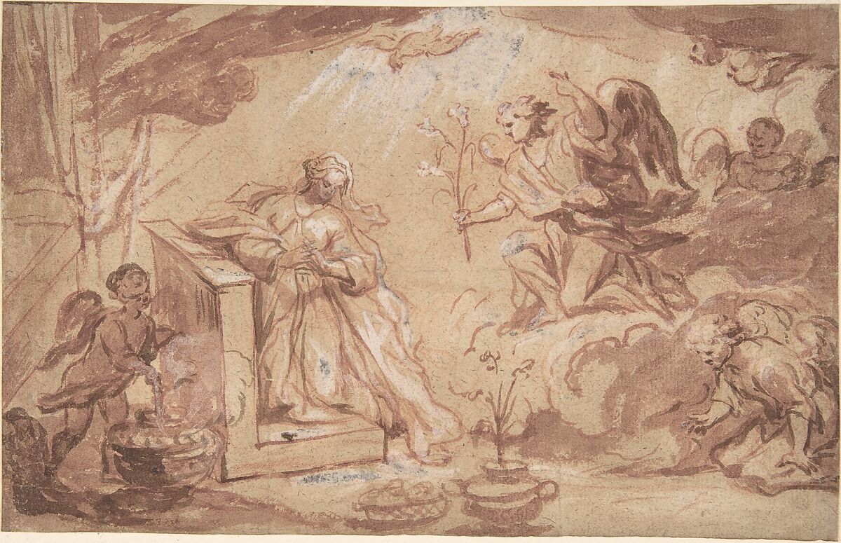 The Annunciation, Anonymous, French, 16th century, Pen and red and brown ink, red and brown wash, heightened with white. 