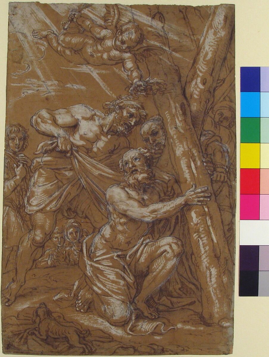 The Martyrdom of St. Andrew, Michel Corneille the Younger (French, Paris 1642–1708 Paris), Pen and brown ink, brown wash, heightened with white, over black chalk