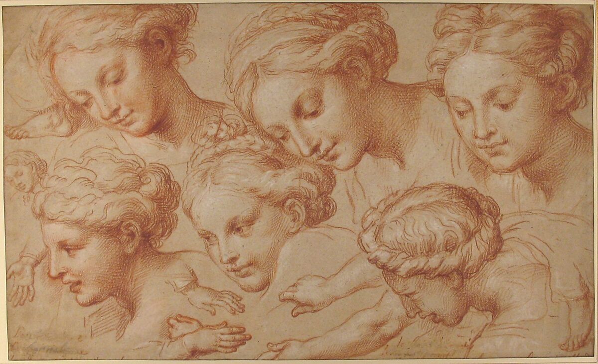Copies after Raphael's "The Finding of Moses", Michel Corneille the Younger (French, Paris 1642–1708 Paris), Red and white chalk, with touches of pink pastel