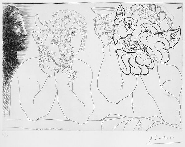 Young Man with a Bull's Mask, Faun, and Profile of a Woman, Pablo Picasso (Spanish, Malaga 1881–1973 Mougins, France), Etching