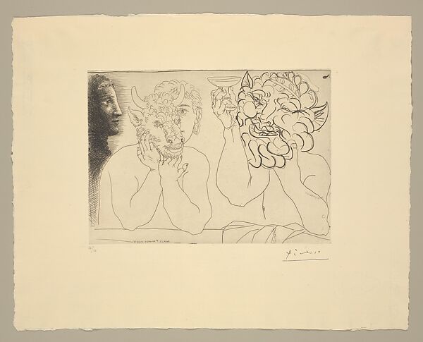 Young Man with a Bull's Mask, Faun, and Profile of a Woman, Pablo Picasso (Spanish, Malaga 1881–1973 Mougins, France), Etching 