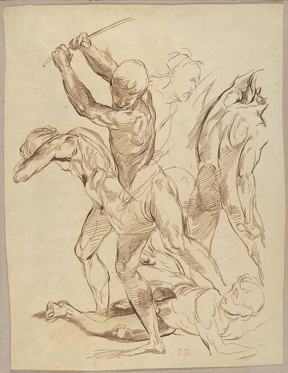 Combat of Nude Men, after Raphael, Eugène Delacroix (French, Charenton-Saint-Maurice 1798–1863 Paris), Pen and brown ink on tracing paper laid down 