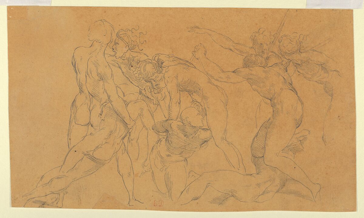 Battle Scene with a Prisoner Being Bound, after Raphael, Eugène Delacroix (French, Charenton-Saint-Maurice 1798–1863 Paris), Graphite on tracing paper, laid down 