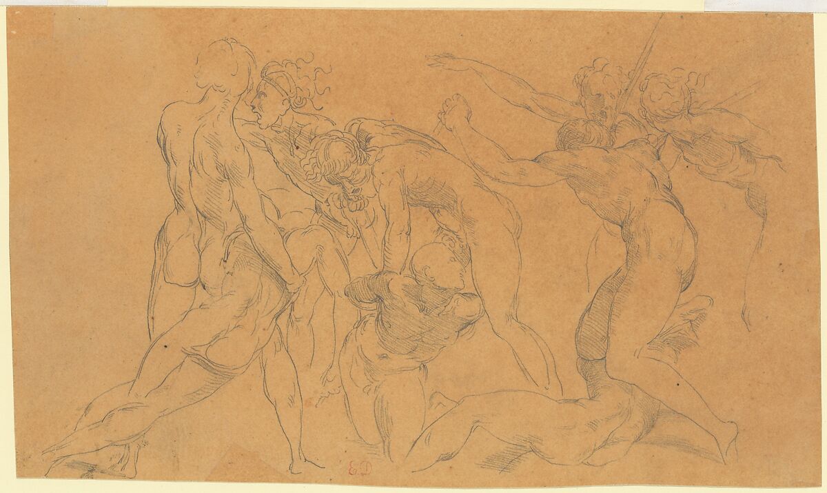 Battle Scene with a Prisoner Being Bound, after Raphael, Eugène Delacroix (French, Charenton-Saint-Maurice 1798–1863 Paris), Graphite on tracing paper, laid down