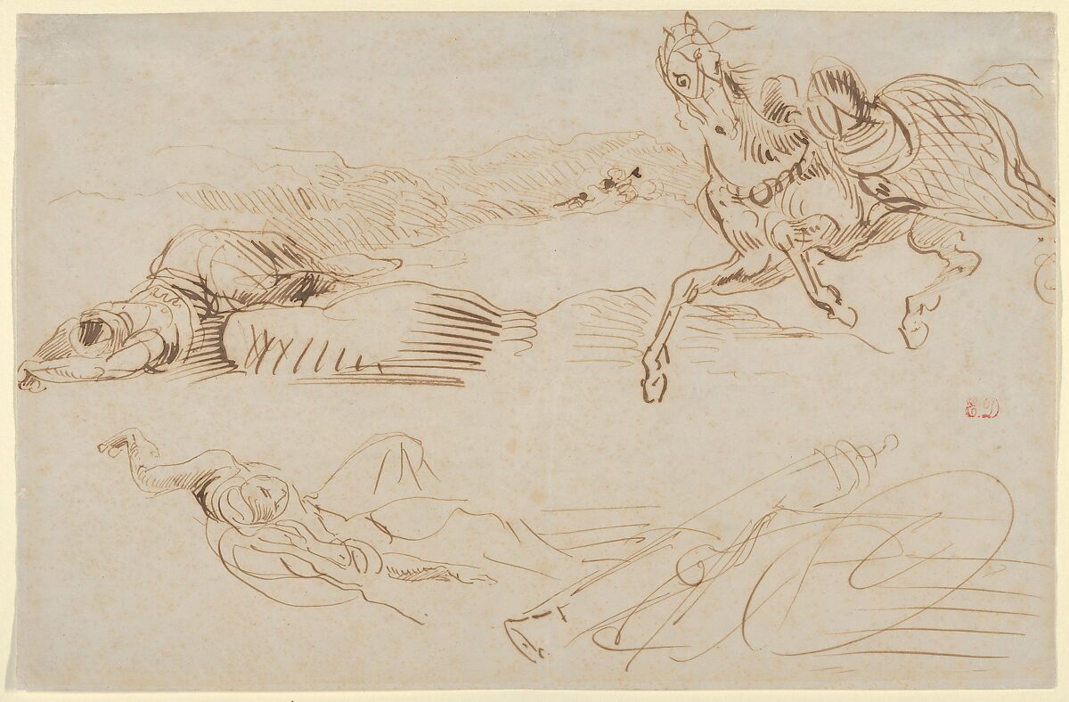 Fallen Warriors and a Runaway Horse, Eugène Delacroix (French, Charenton-Saint-Maurice 1798–1863 Paris), Pen and brown ink 