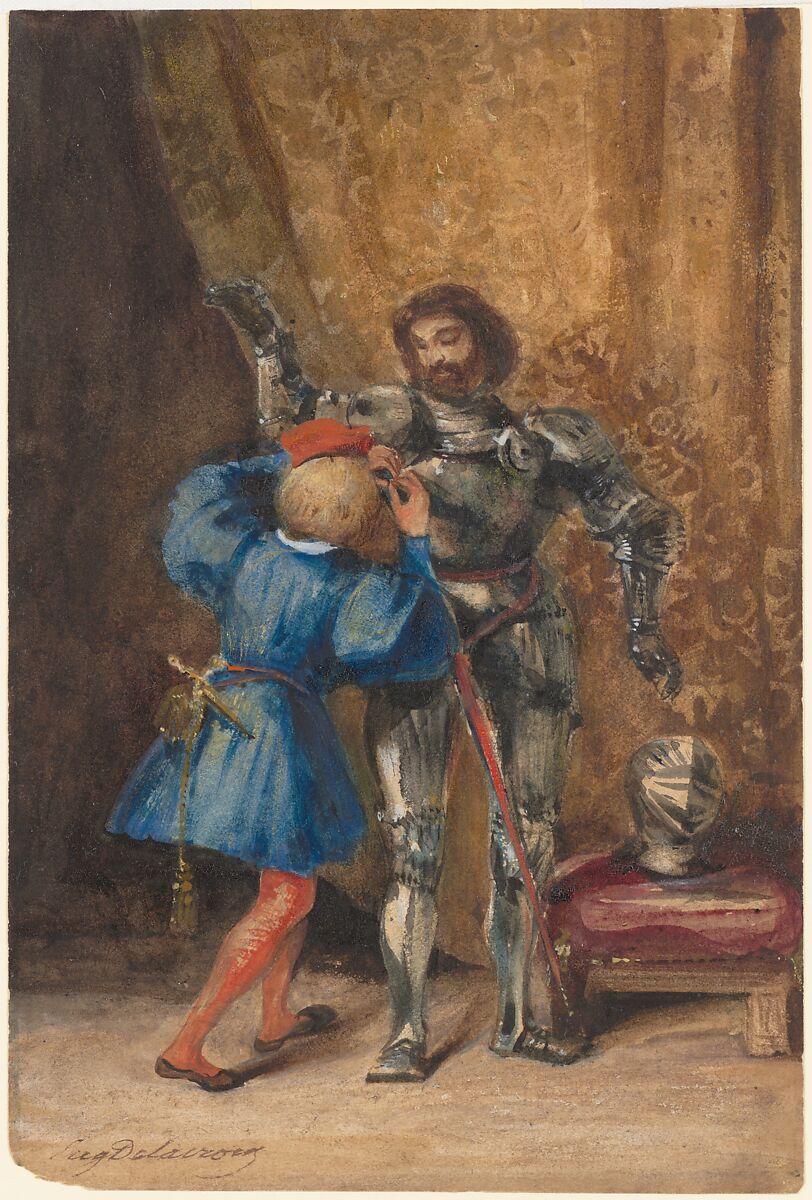 Goetz von Berlichingen Being Dressed in Armor by His Page George, Eugène Delacroix (French, Charenton-Saint-Maurice 1798–1863 Paris), Watercolor and bodycolor with gum arabic on wove paper 