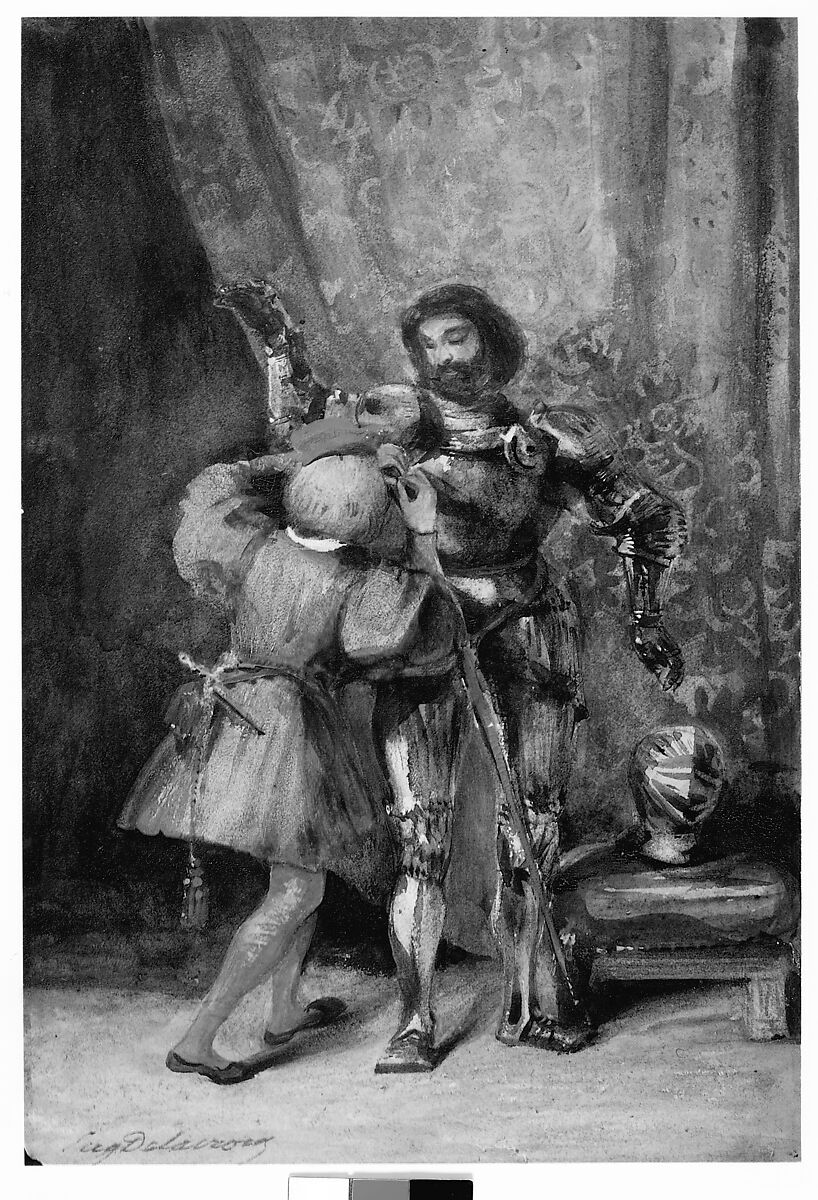 Goetz von Berlichingen Being Dressed in Armor by His Page George, Eugène Delacroix (French, Charenton-Saint-Maurice 1798–1863 Paris), Watercolor and bodycolor with gum arabic on wove paper