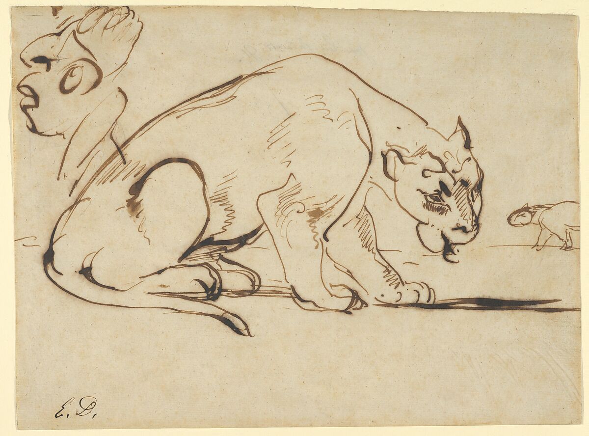 A Lioness and a Caricature of Ingres, Eugène Delacroix (French, Charenton-Saint-Maurice 1798–1863 Paris), Pen and brown ink on laid paper 