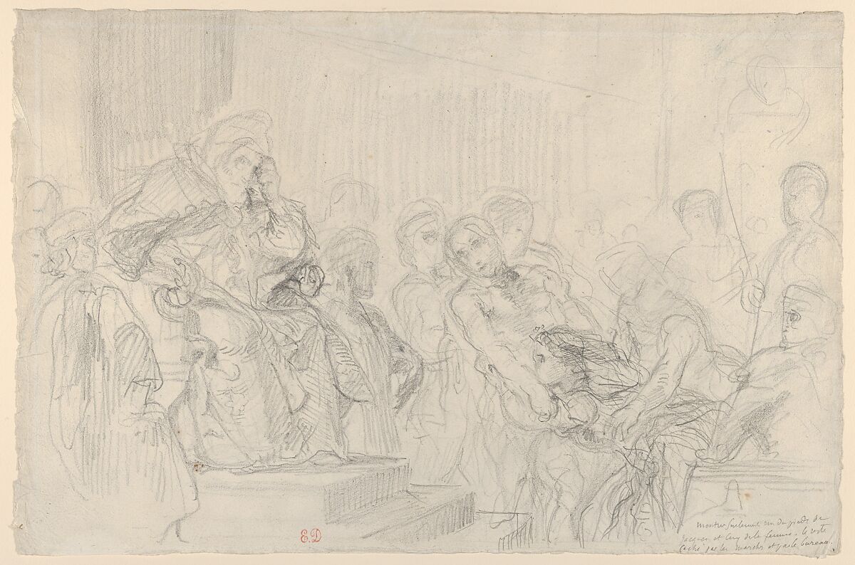 Study of Jacopo Brought before His Father, the Doge, for "The Two Foscari", Eugène Delacroix (French, Charenton-Saint-Maurice 1798–1863 Paris), Graphite 