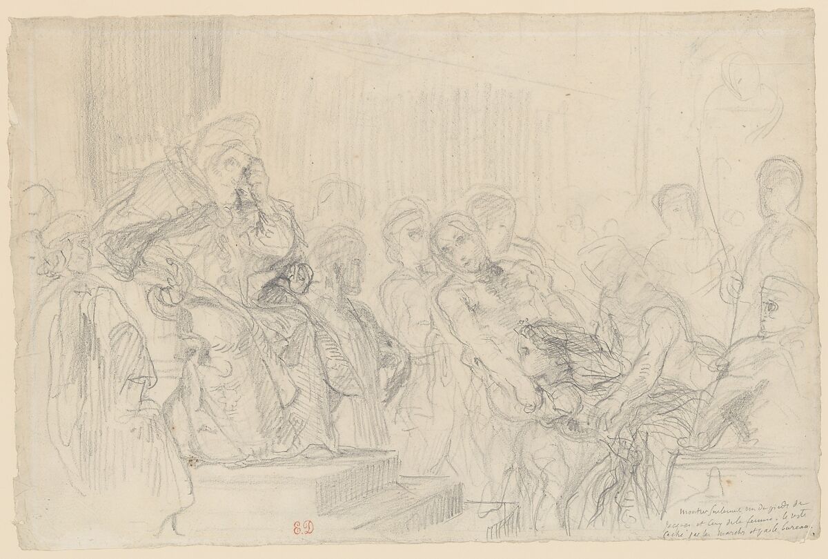 Study of Jacopo Brought before His Father, the Doge, for "The Two Foscari", Eugène Delacroix (French, Charenton-Saint-Maurice 1798–1863 Paris), Graphite